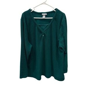 Catherines Emerald Green Textured V-Neck Henley Top Womens 1X 18/20W Long Sleeve